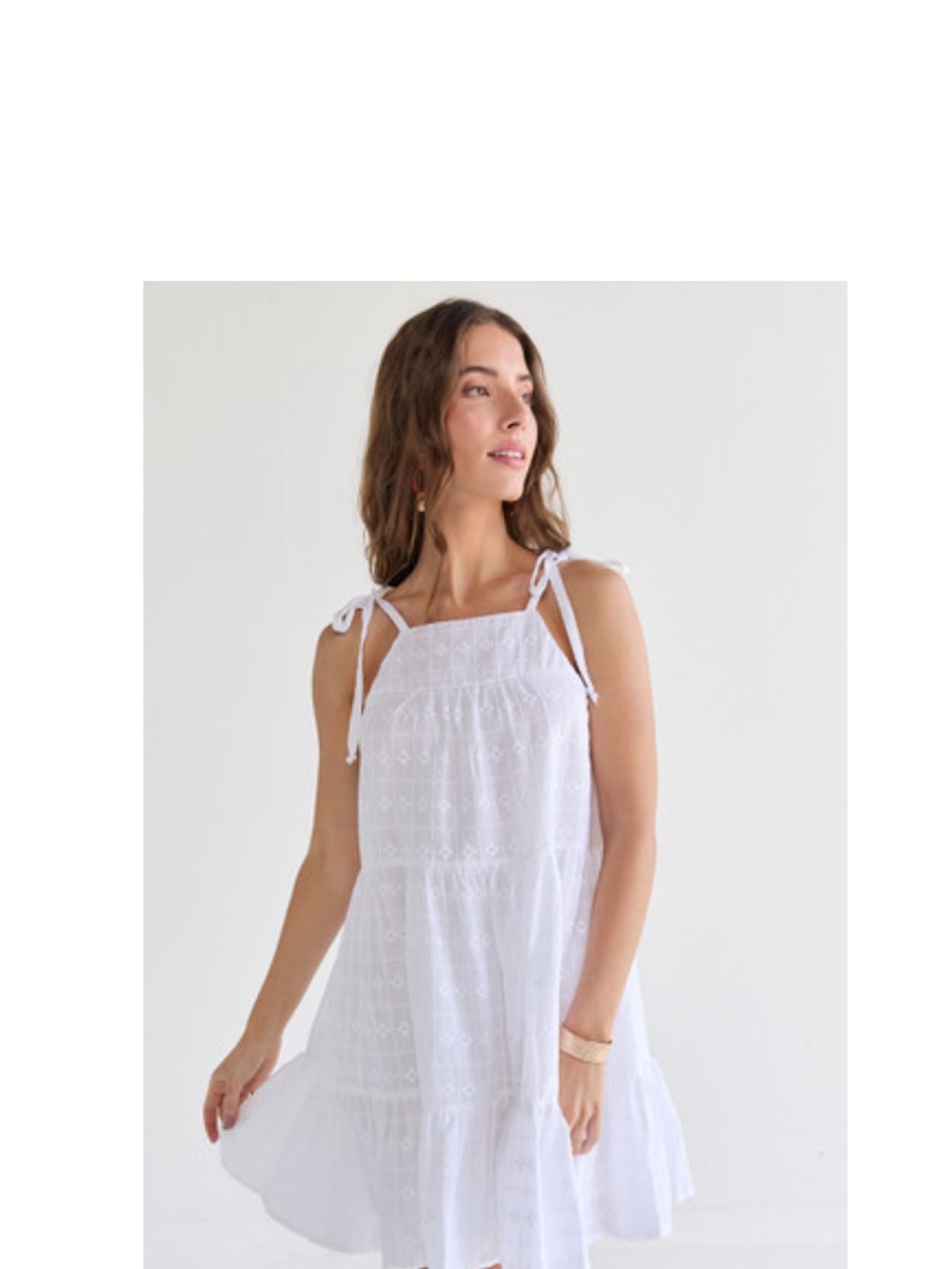 Francesca's Collections White Tie-Shoulder Eyelet Tiered Dress
